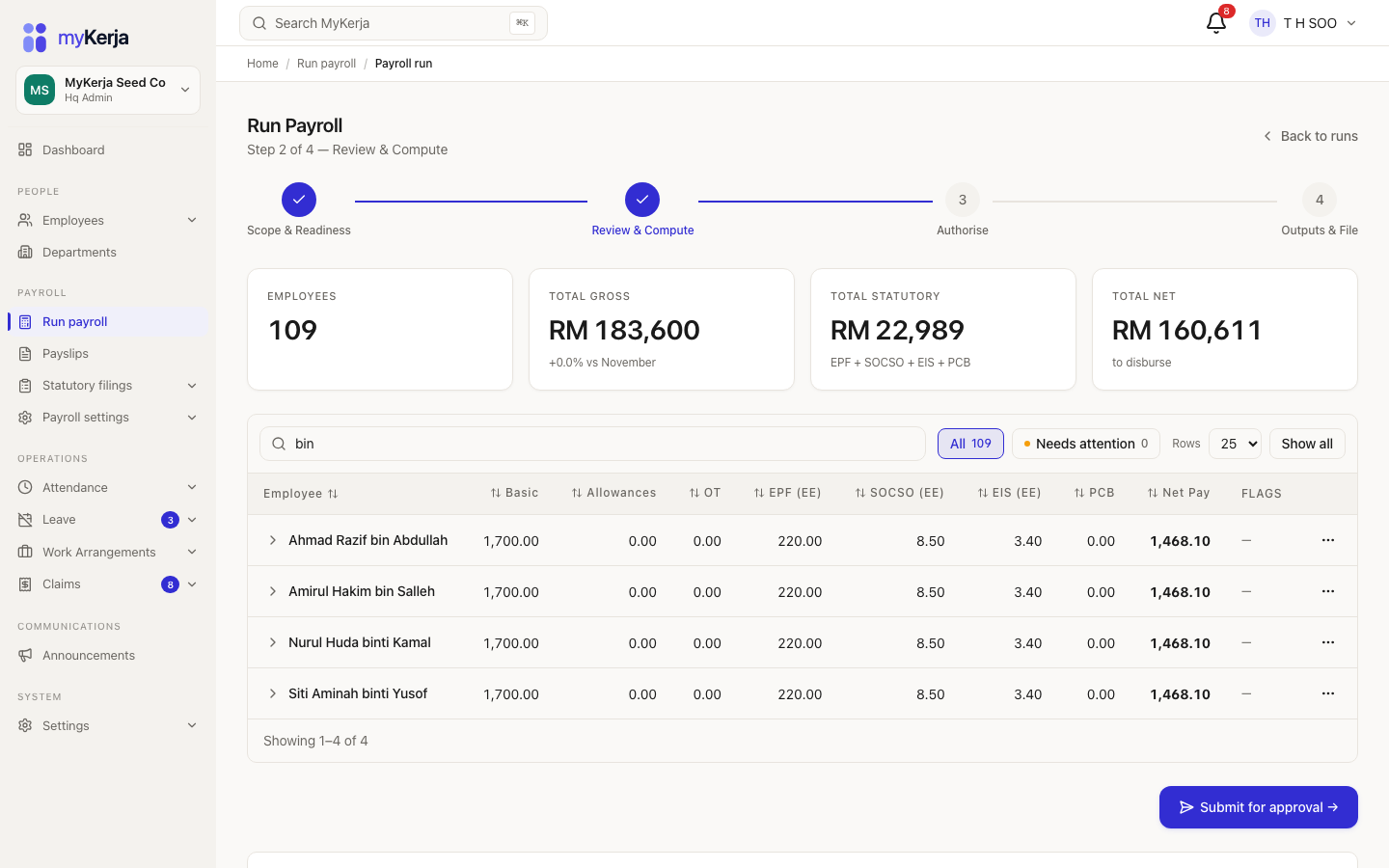 MyKerja admin payroll run with EPF, SOCSO and PCB columns