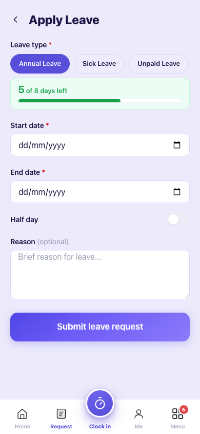 MyKerja leave-application screen on mobile