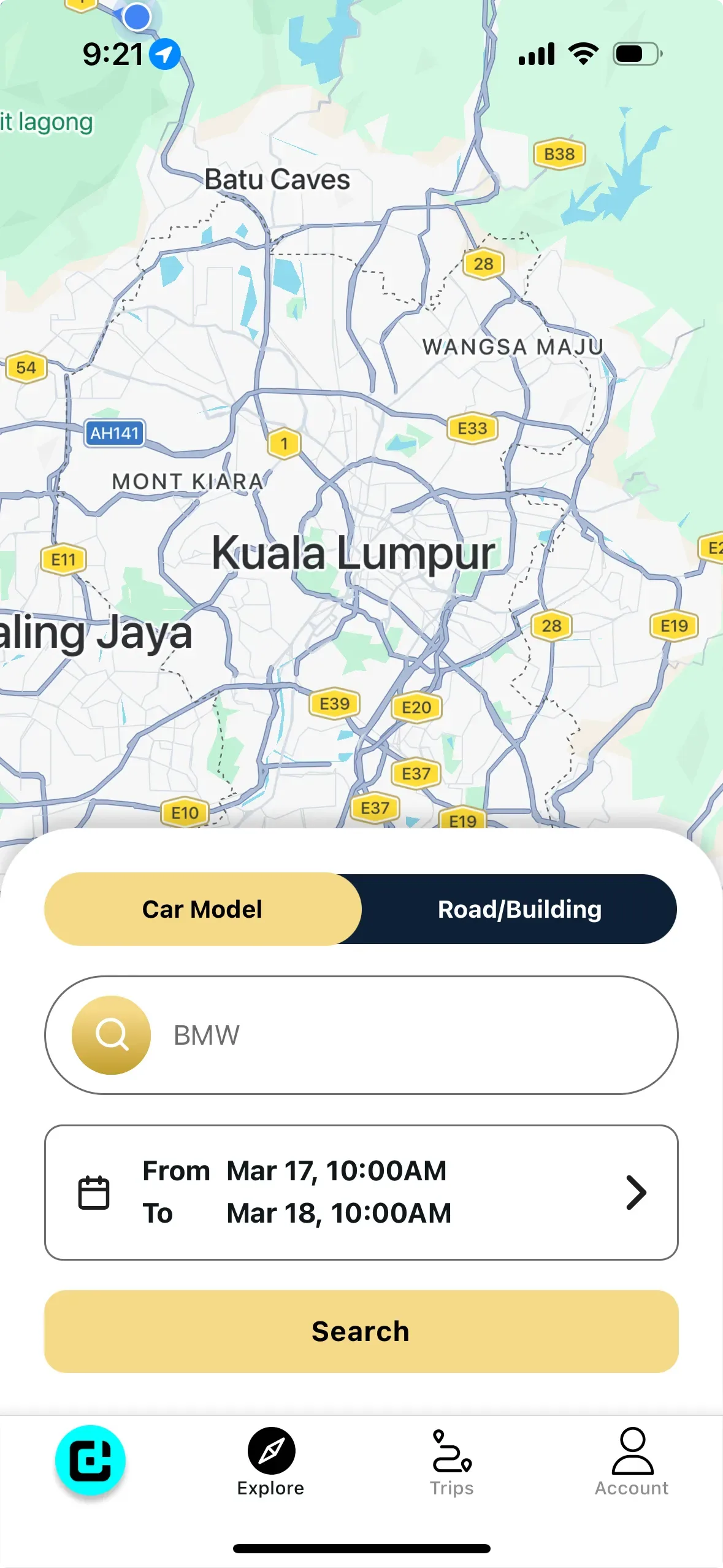 NexFleet booking screen showing rental dates and vehicle search