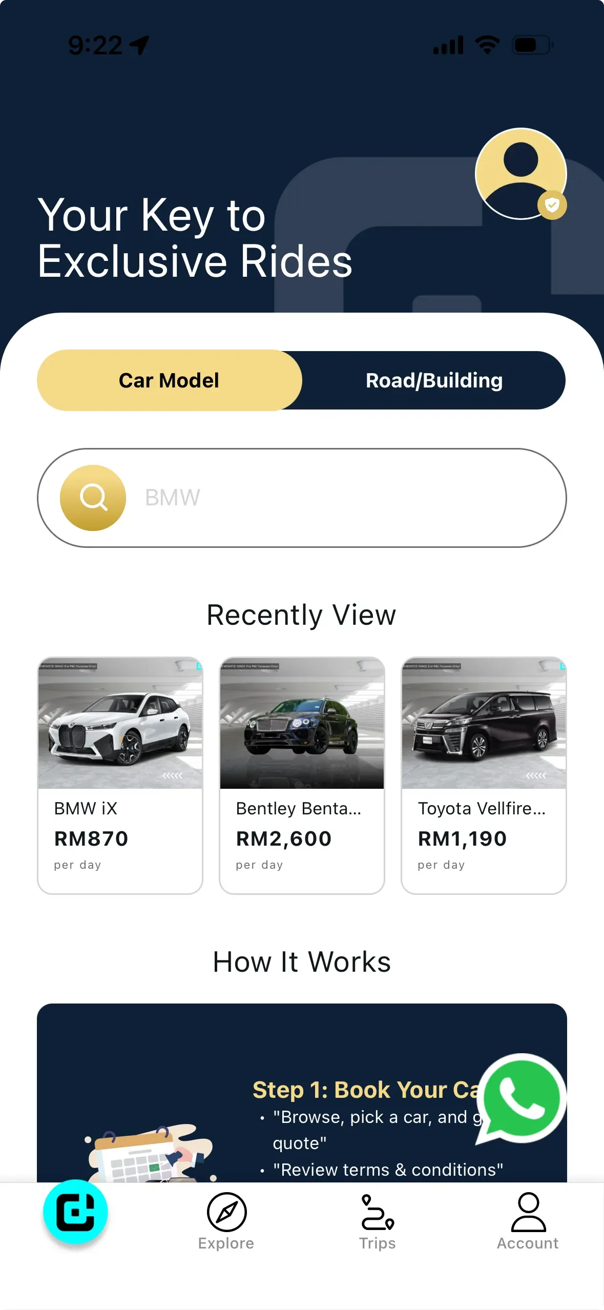 NexFleet customer app showing available rental vehicles and daily rates